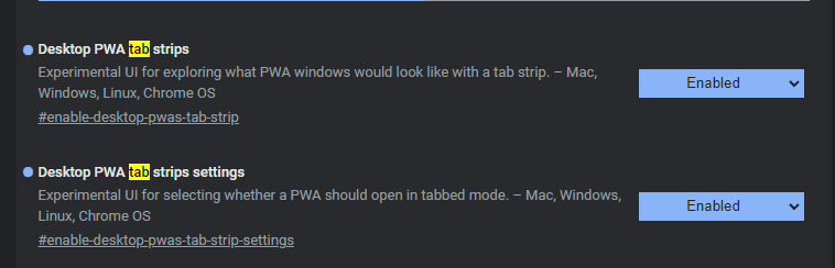 Enable PWA tabs settings